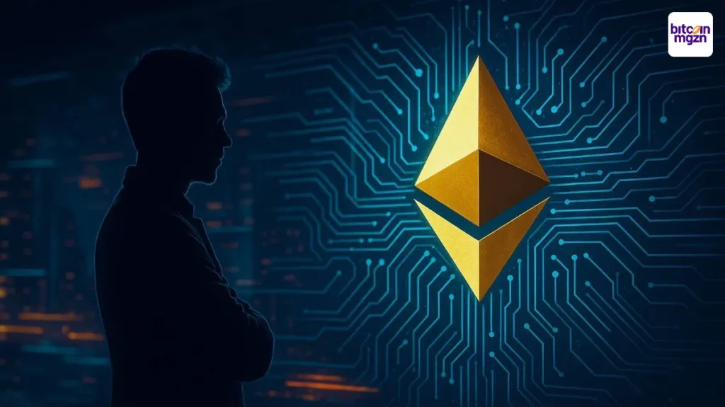 Silhouet bekijkt Ethereum-logo met circuitpatroon, symbool voor Ethereum Foundation herstructurering en technologische focus.