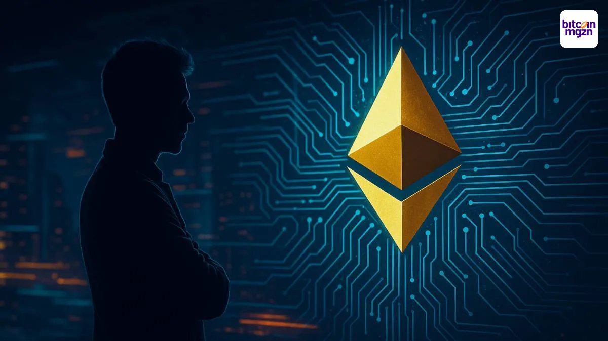 Silhouet bekijkt Ethereum-logo met circuitpatroon, symbool voor Ethereum Foundation herstructurering en technologische focus.