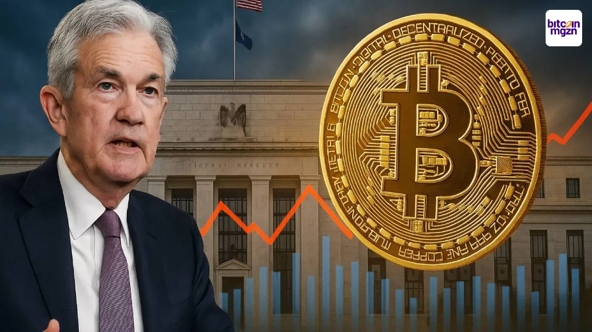 Jerome Powell en een Bitcoin symbool voor het Fed-gebouw tonen de impact van rente en politiek op de cryptomarkt