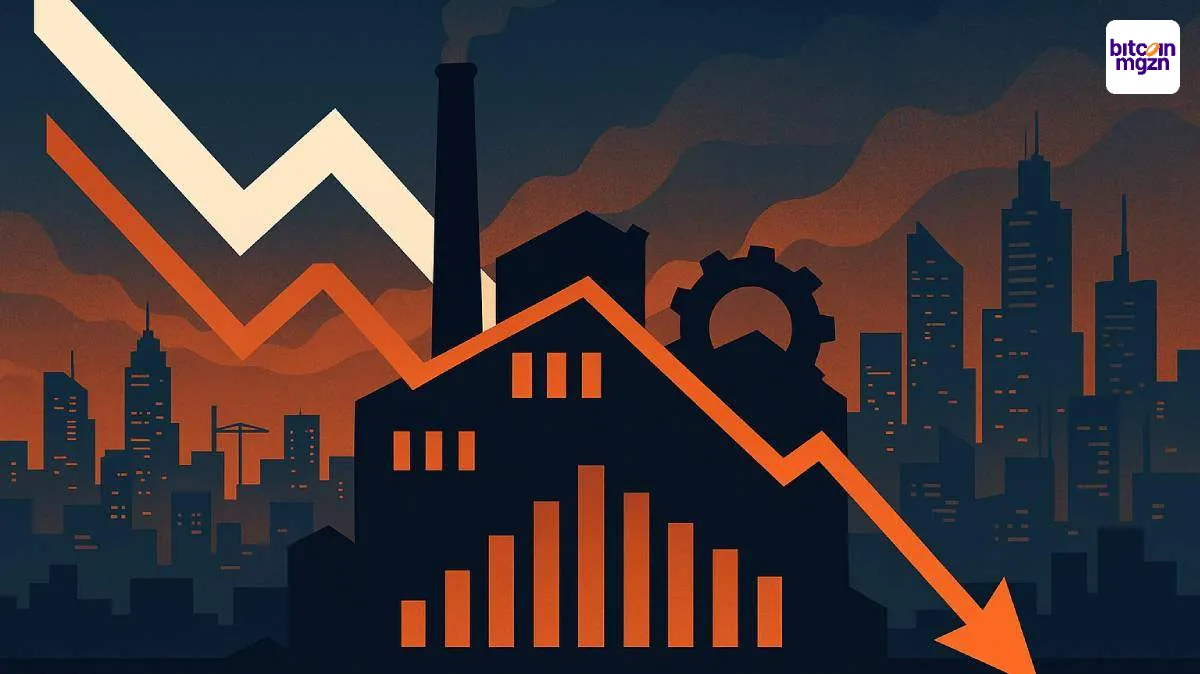 Donkere fabriek met dalende grafiek toont impact van industriële krimp op economie en digitale transformatie