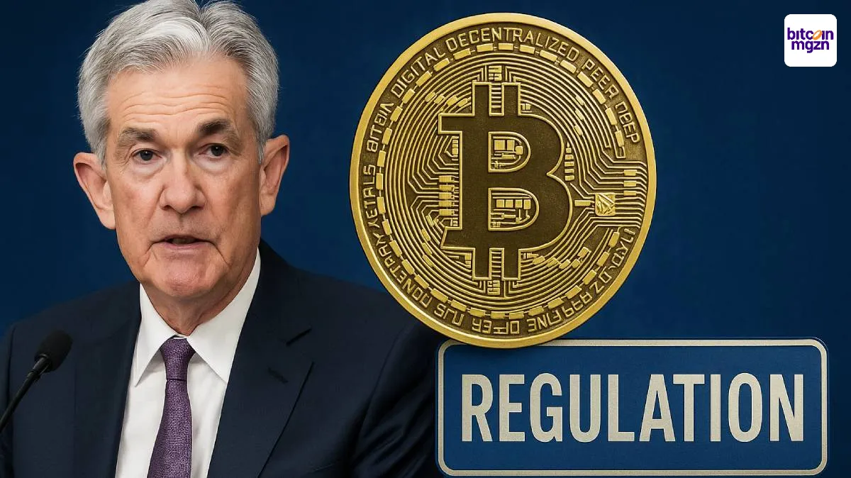 Jerome Powell met bitcoin en reguleringsteken na zijn speech over toezicht op de cryptomarkt