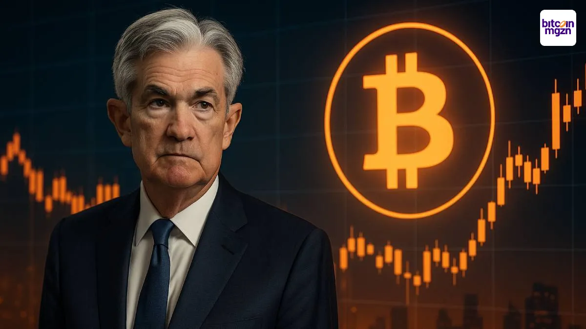 Jerome Powell en Bitcoin koersgrafiek duiden op mogelijke impact van Fed-beleid op de cryptomarkt