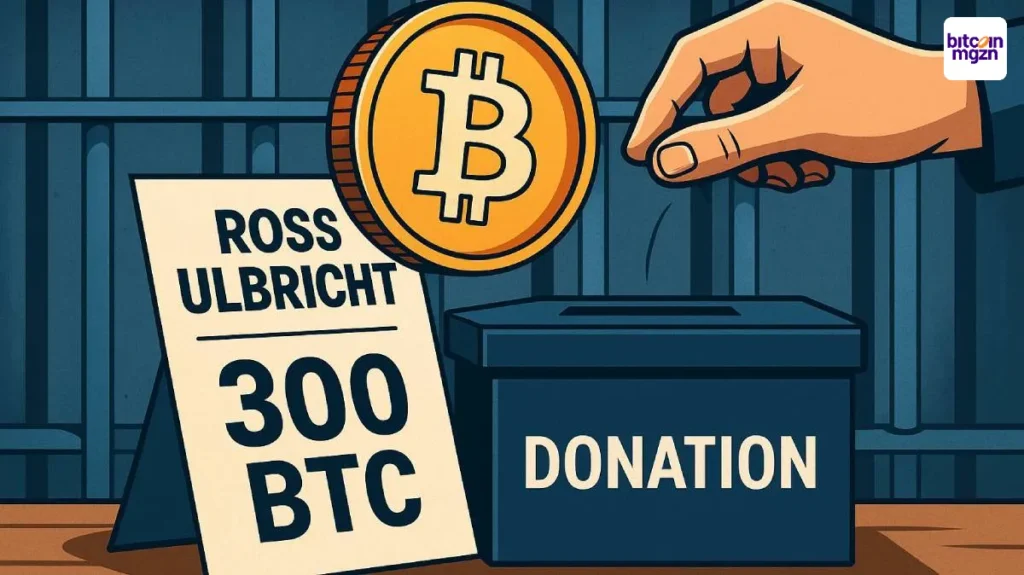 Donatie van 300 bitcoin voor Ross Ulbricht weergegeven met munt, donatiebox en gevangenisachtergrond