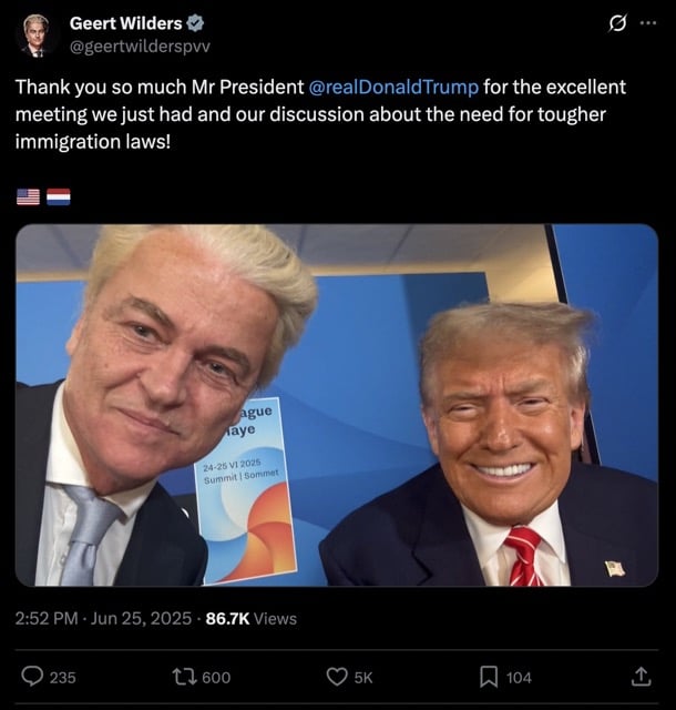 PVV-leider Geert Wilders en Trump in het World Forum