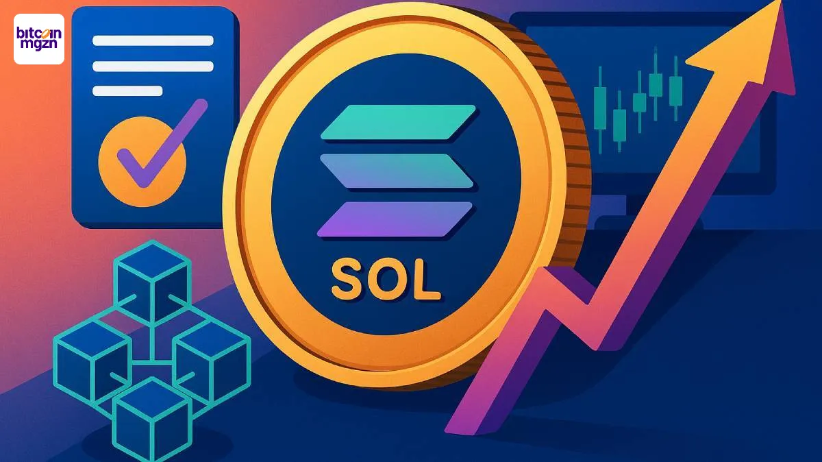 Een Solana munt met stijgende pijl en blockchainstructuur toont de werking en groei van de Solana staking ETF