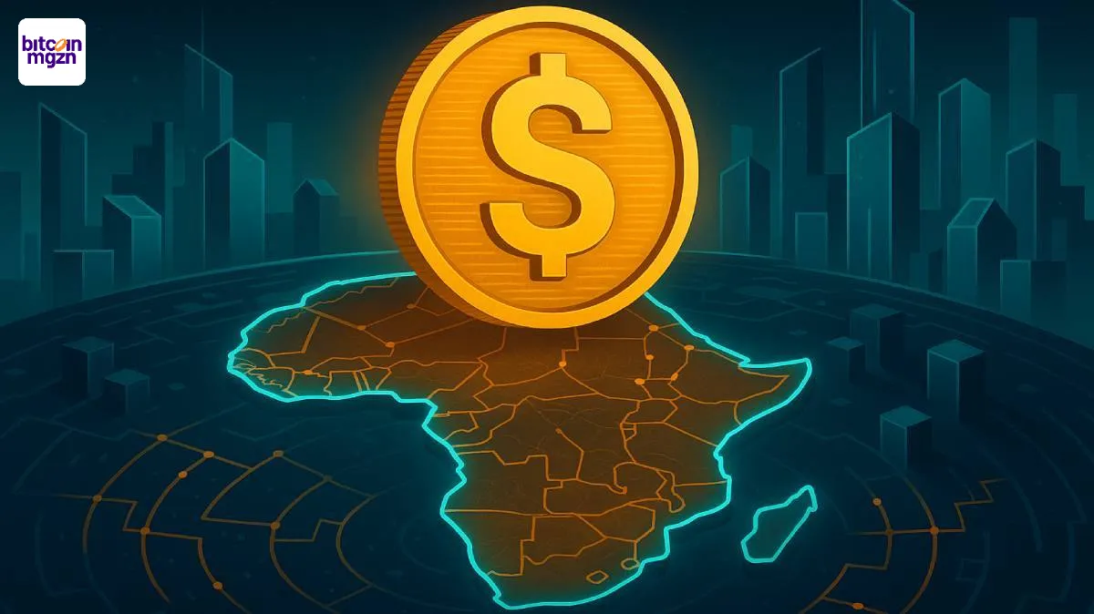 Gouden stablecoin boven verbonden Afrika-kaart toont stablecoin adoptie in digitale economie