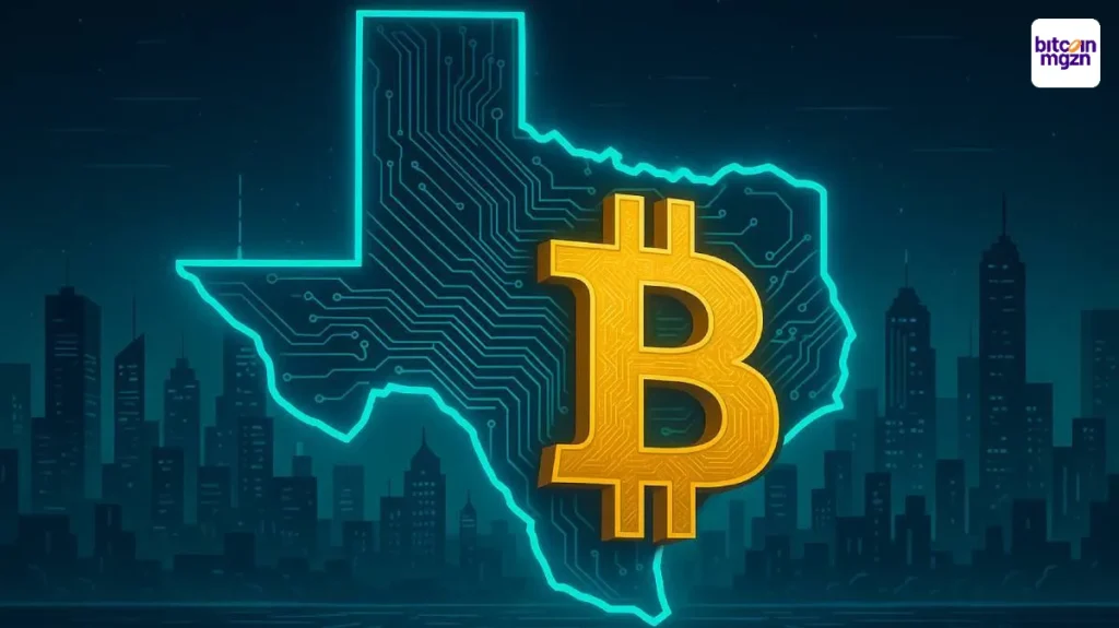 Gouden Bitcoin symbool voor kaart van Texas met digitale circuits, als visuele representatie van Texas Bitcoin reserve wetgeving.
