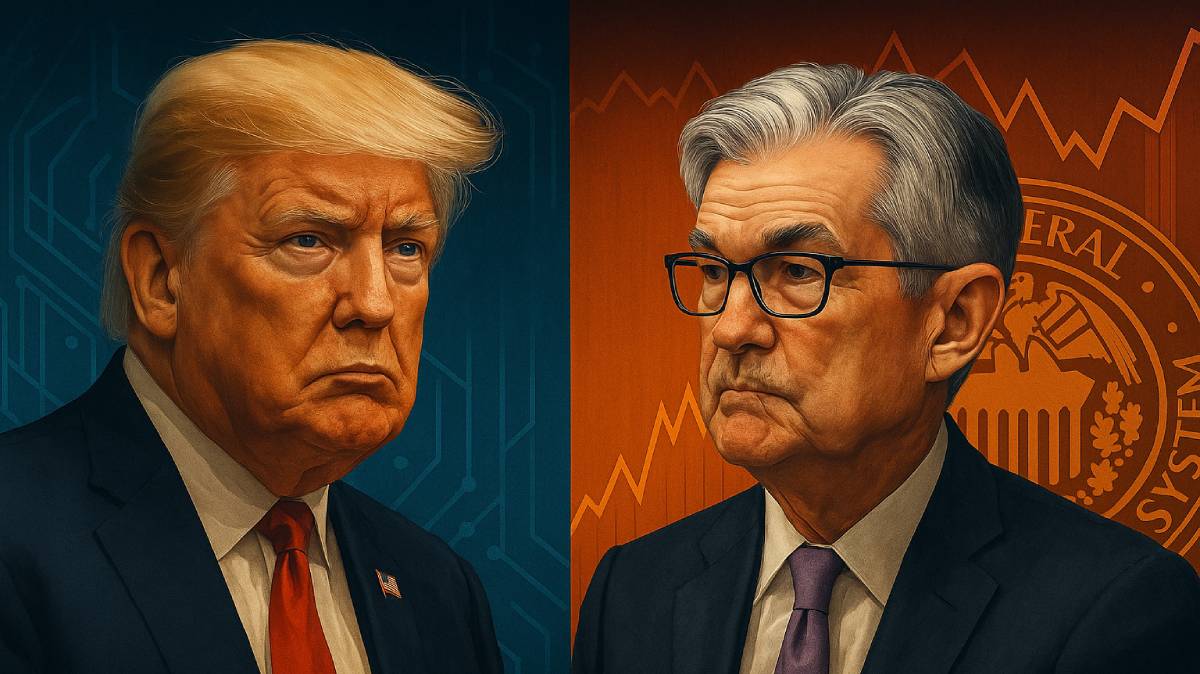 Donald Trump en Jerome Powell staan tegenover elkaar te midden van politieke en monetaire spanningen