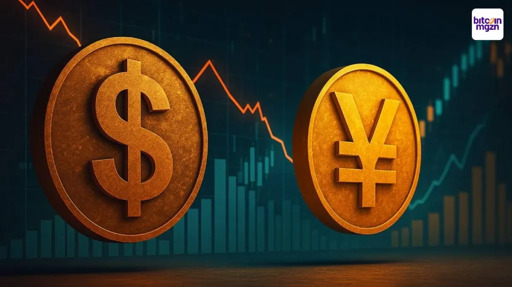 US dollar onder druk door opkomst van de yuan, met dalende en stijgende valutagraflijnen op de achtergrond.