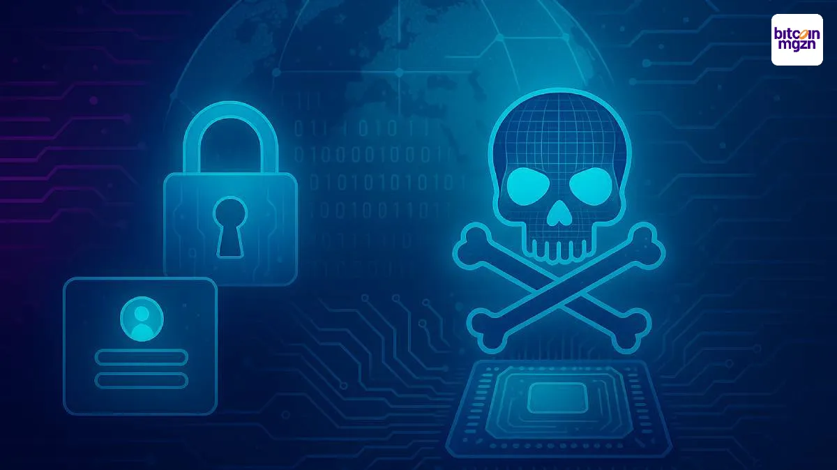 Wachtwoordlek crypto toont holografische schedel en sloten als symbool voor grootschalige digitale inbraak via malware.