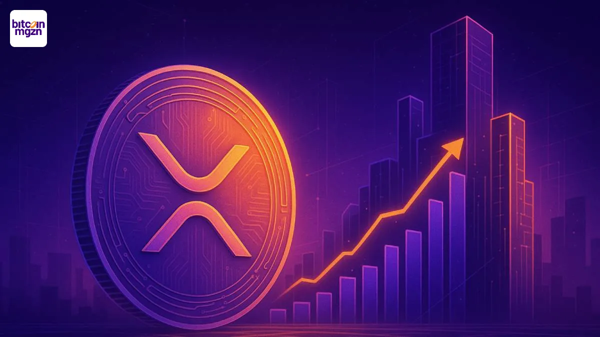 XRP rendement toont stijgende waarde tegenover S&P 500 en Nasdaq, met futuristische visuals van financiële groei.