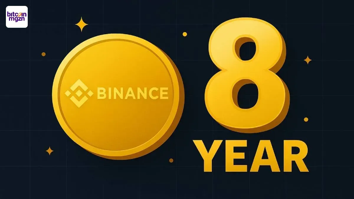 Gouden Binance-munt met cijfer 8 en jubileumthema voor Binance 8 jaar