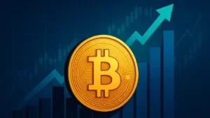 Gouden bitcoin centraal afgebeeld met stijgende grafiek en koerstrend, symbool voor invloed van institutionele beleggers op de bitcoin koers