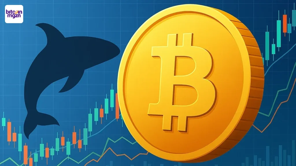 Bitcoin prijs met gouden munt en whale-silhouet op financiële grafieken