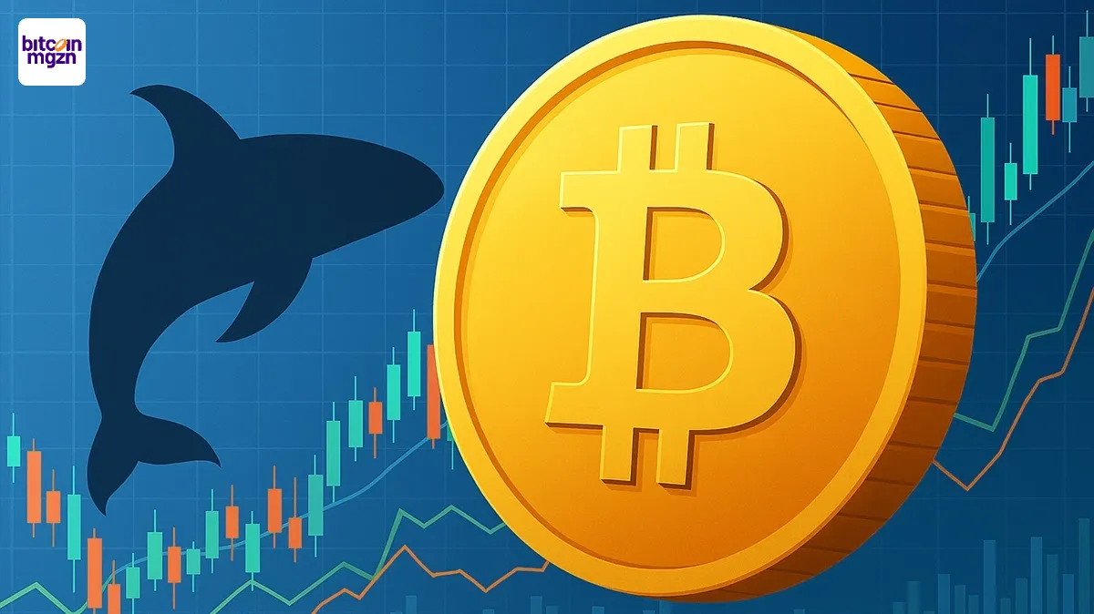 Bitcoin prijs met gouden munt en whale-silhouet op financiële grafieken