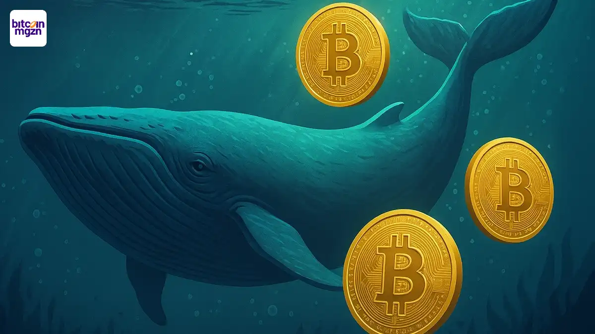 Grote Bitcoin whale tussen goudkleurige munten als symbool voor koersverandering
