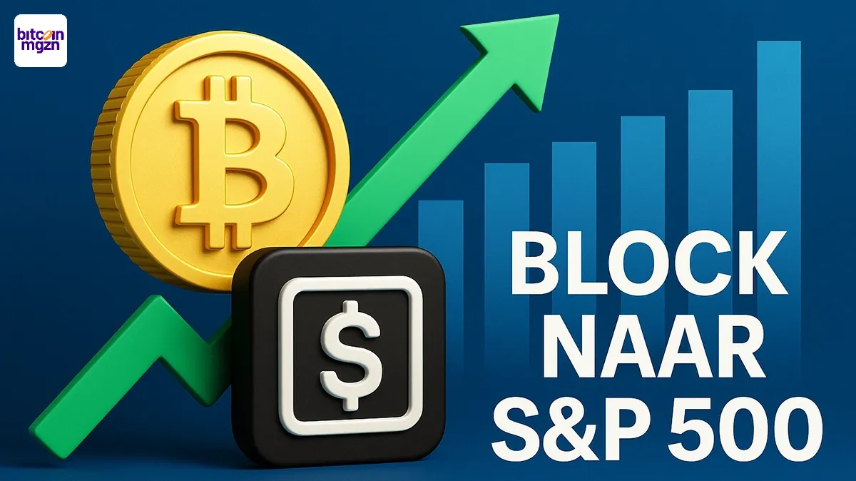 Block Inc. S&P 500 visualisatie met Bitcoin en koersgroei symbool