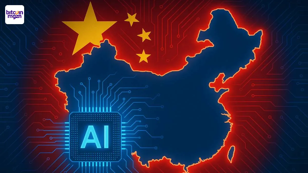 China AI initiatief met Chinese vlag, AI-chip en circuitnetwerk als symbool voor technologische strategie