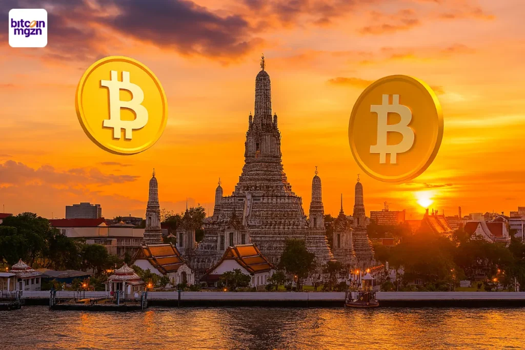 Bitcoin symbolen boven Wat Arun tempel bij zonsondergang in Bangkok als visuele weergave van crypto betalingen Thailand