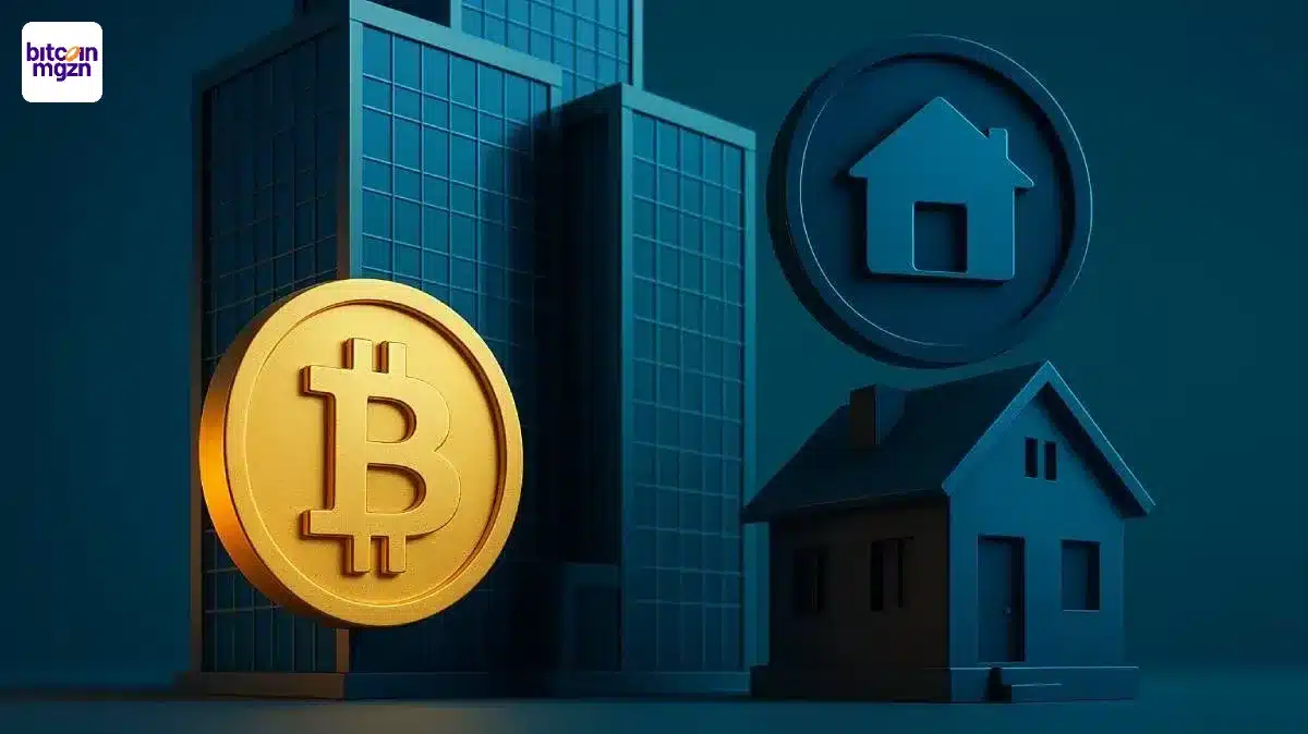 Gouden Bitcoin symbool en luxe woning als visuele weergave van crypto vastgoed