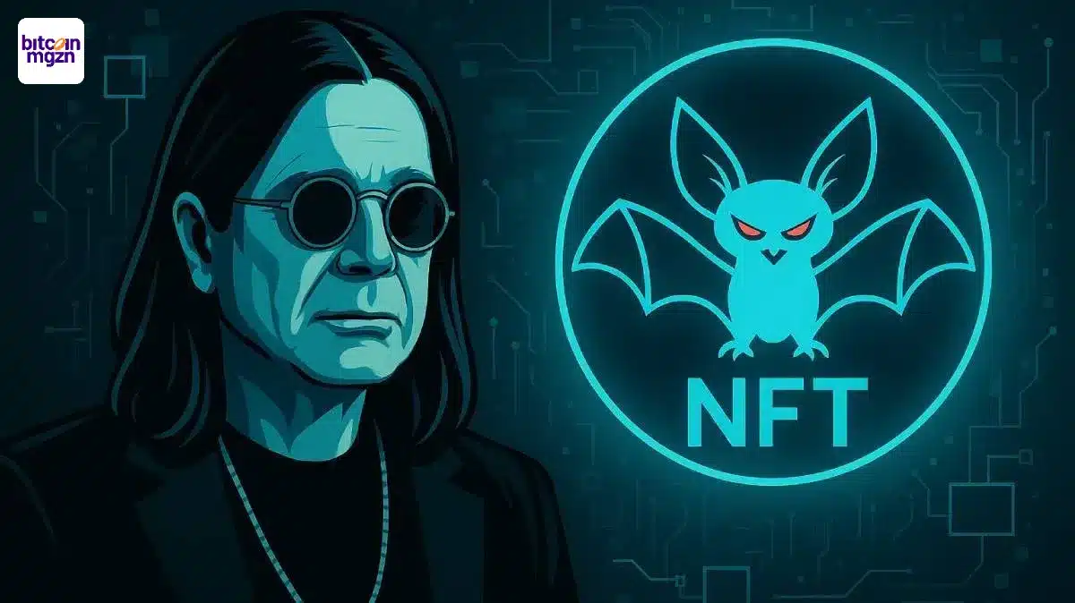 CryptoBatz NFT stijgt na overlijden Ozzy Osbourne, met neon vleermuis en portret in futuristische crypto-stijl