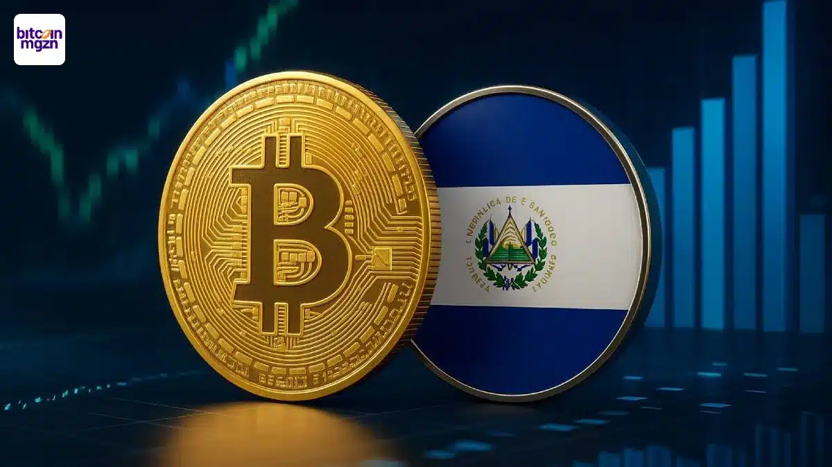 El Salvador Bitcoin symbool met vlag en koersgrafieken op achtergrond