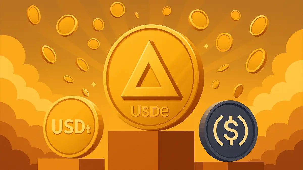 Ethena USDe staat centraal boven USDtb en USDC tokens op een marktpodium