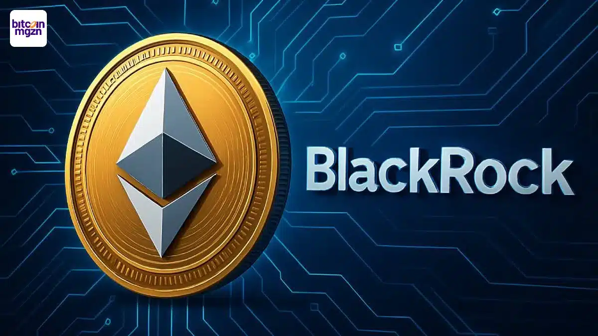 Gouden Ethereum munt verbonden via circuit met BlackRock-logo in technisch design