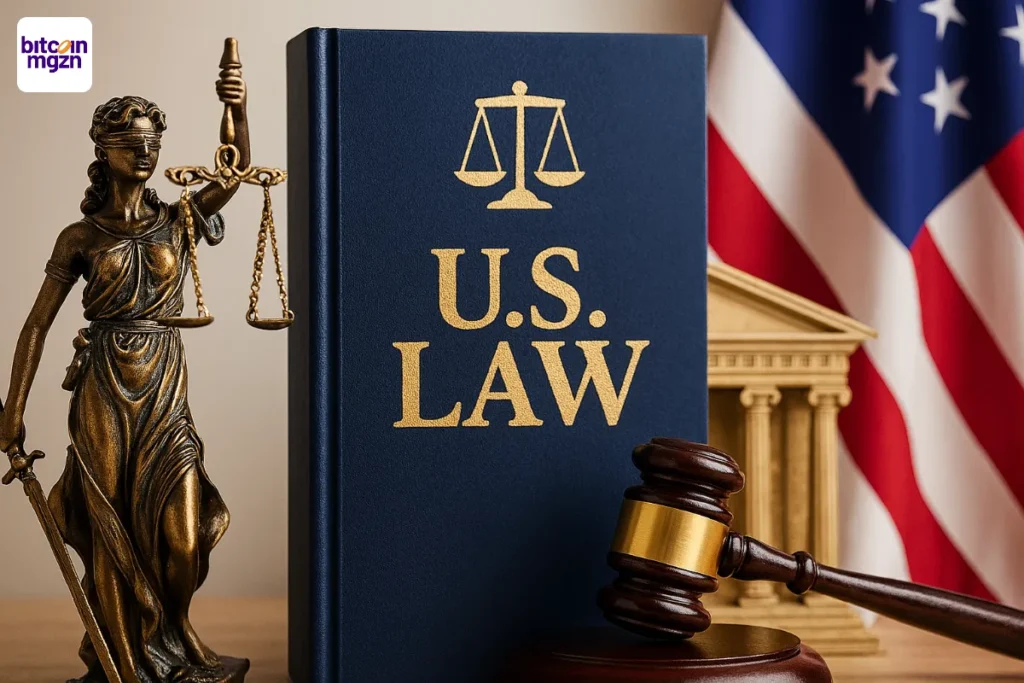 GENIUS Act visualiseert Amerikaanse wetgeving rond stablecoins met wetboek, rechtershamer en Lady Justice