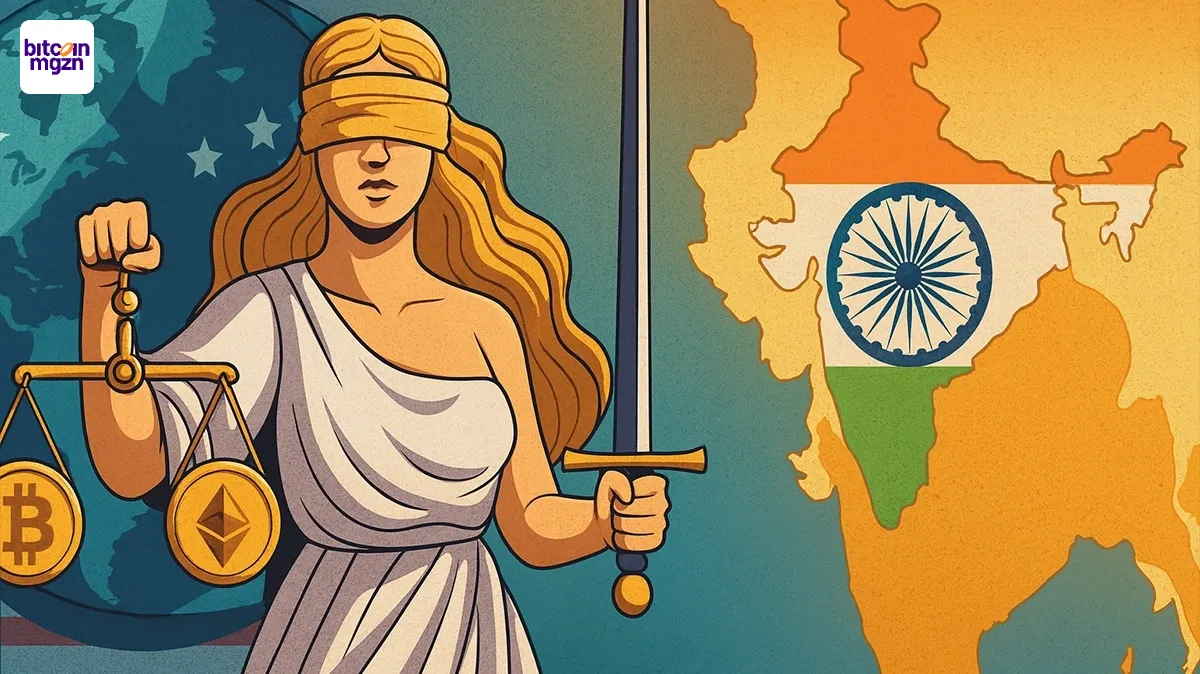 Lady Justice met schaal en zwaard tussen VS en India, verwijzend naar GENIUS Act stablecoins en internationale crypto-regulering