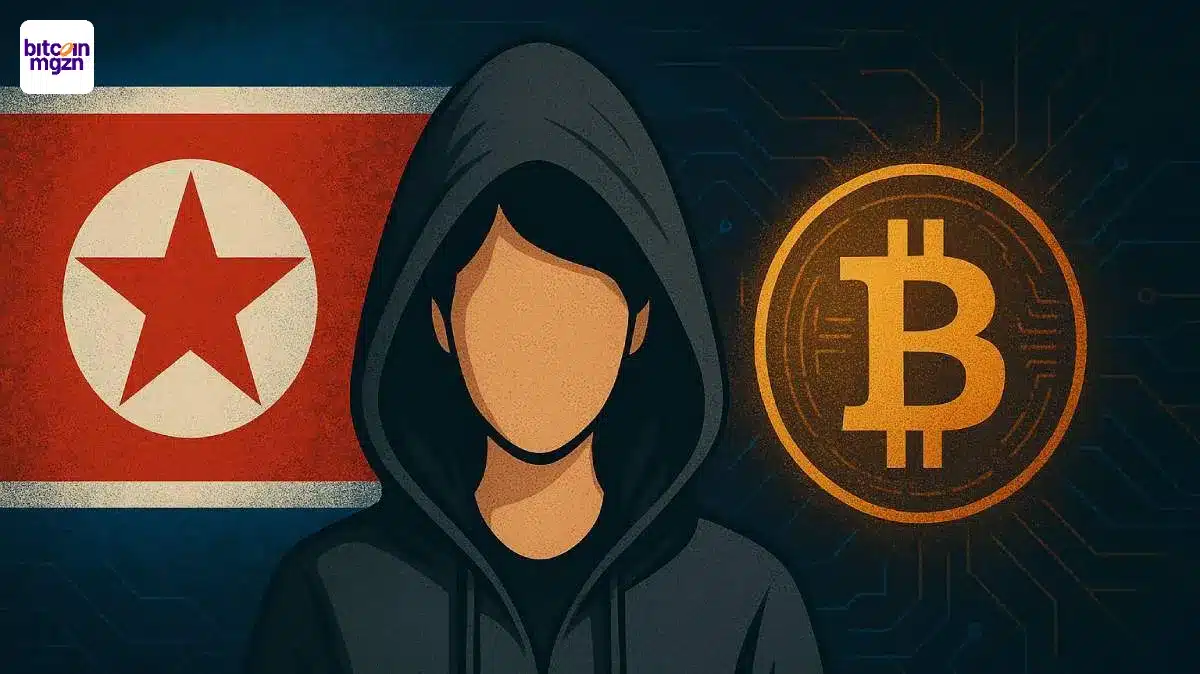 Vrouw in hoodie met Bitcoin symbool en Noord-Koreaanse vlag bij crypto hack