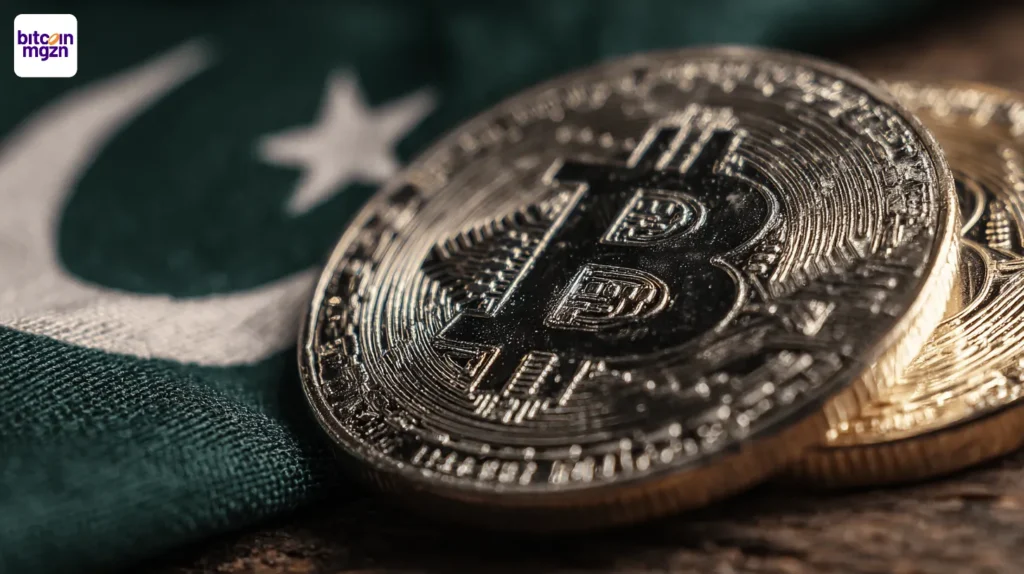 Bitcoin-logo met Pakistaanse vlag op de achtergrond
