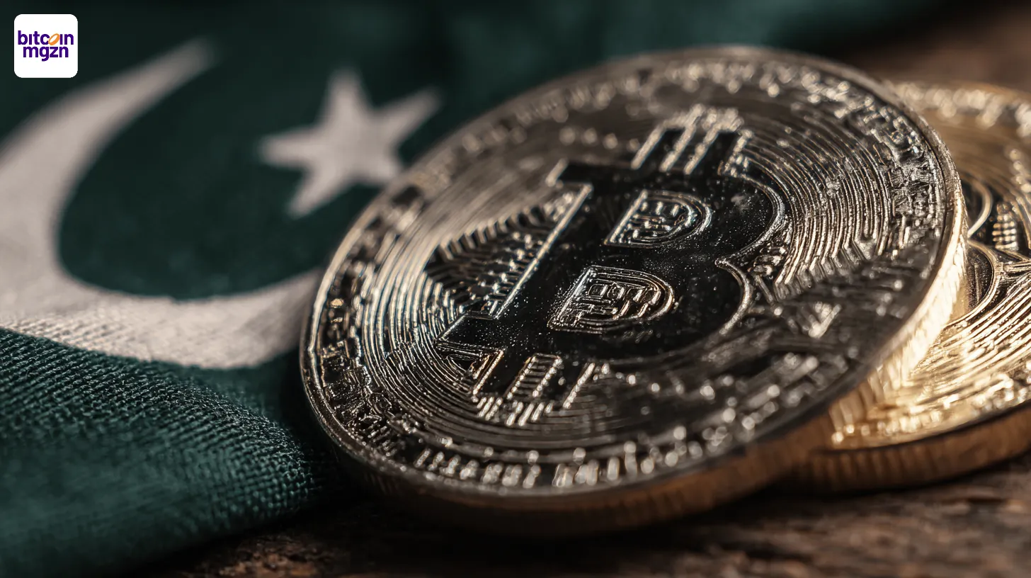 Bitcoin-logo met Pakistaanse vlag op de achtergrond