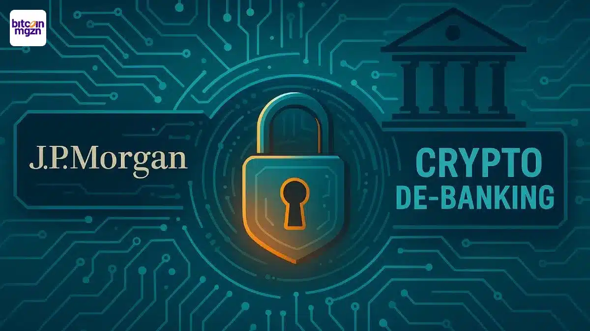 Visualisatie van JPMorgan crypto de-banking met slot en circuitontwerp
