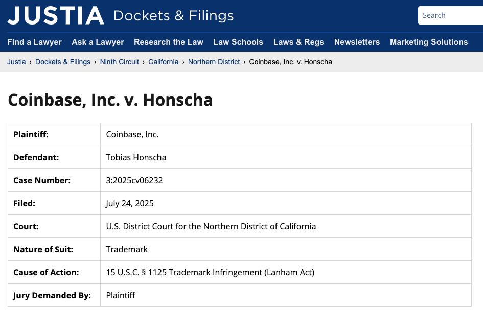 Coinbase vesus Honscha - bron: Justia