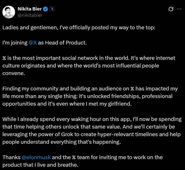 Nikita Bier wordt Head of Product - Bron: @nikitabier (X)