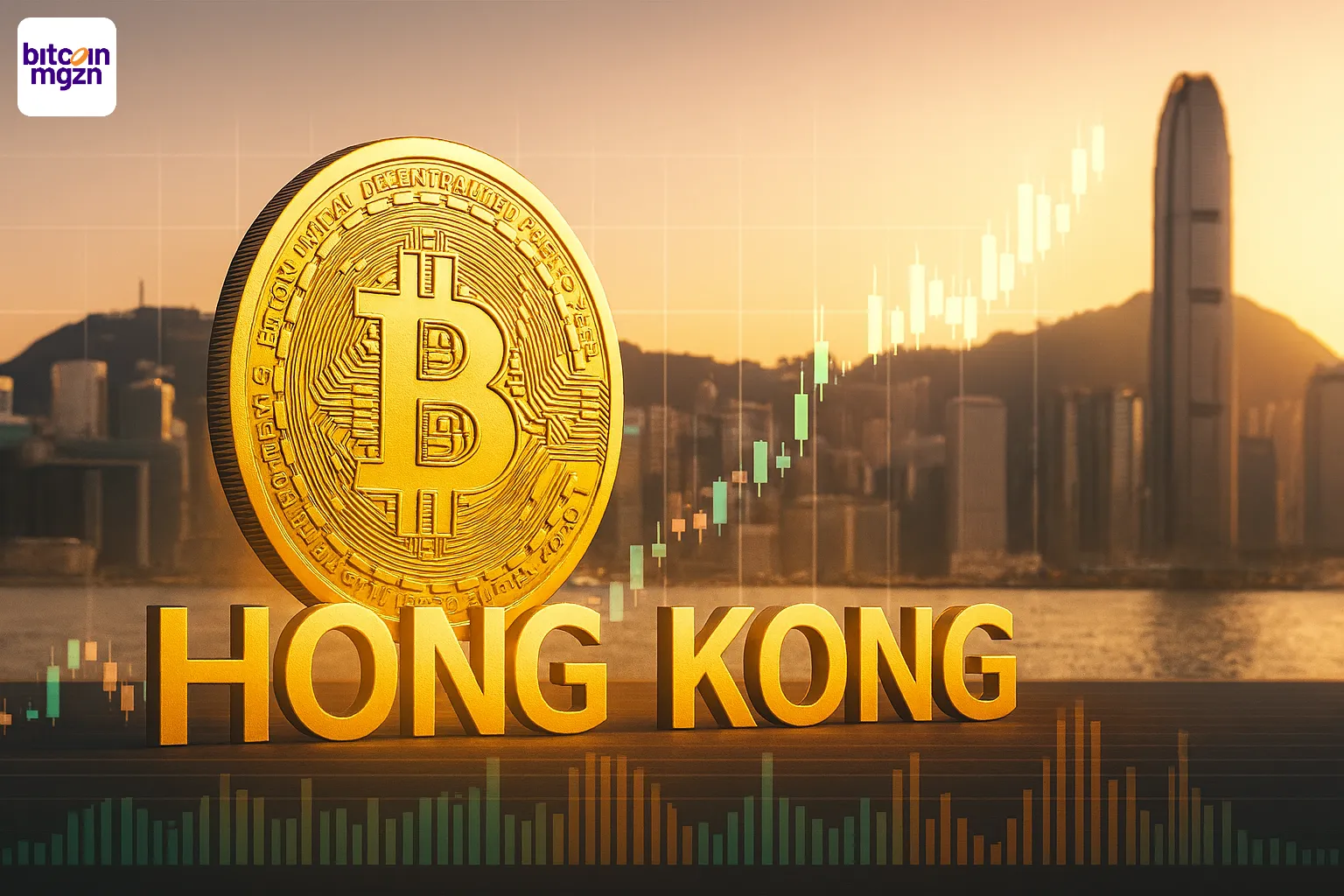 Gouden Bitcoin voor skyline Hong Kong met koersgrafiek en spot Bitcoin ETF context