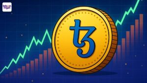 Digitale Tezos munt stijgt in waarde met bullish grafiek en stijgende volume-indicatoren