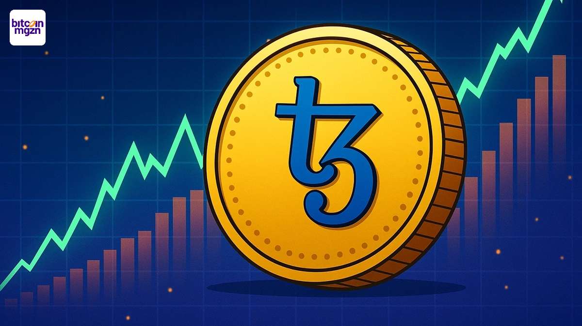 Digitale Tezos munt stijgt in waarde met bullish grafiek en stijgende volume-indicatoren