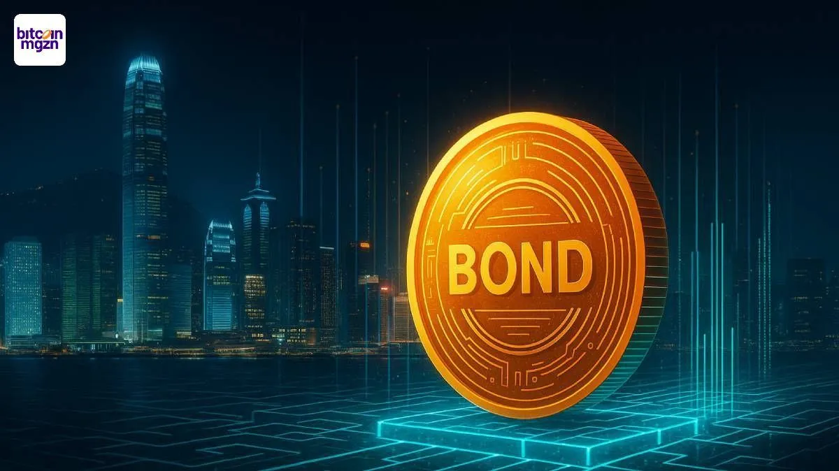 Glanzende tokenized bond voor Hongkongs skyline met blockchain-netwerk als symbool voor digitale financiële innovatie