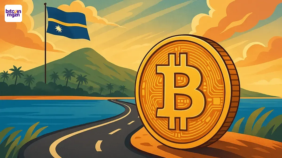 Tropisch eiland Nauru bij zonsondergang met centraal geplaatste crypto-munt, symbool voor nauru crypto regulering