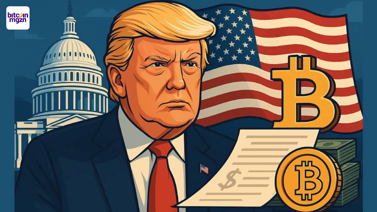 Donald Trump voor het Capitool met Amerikaanse vlag, Bitcoin symbool en schuldenplafond document als visuele weergave van Trump Big Beautiful Bill
