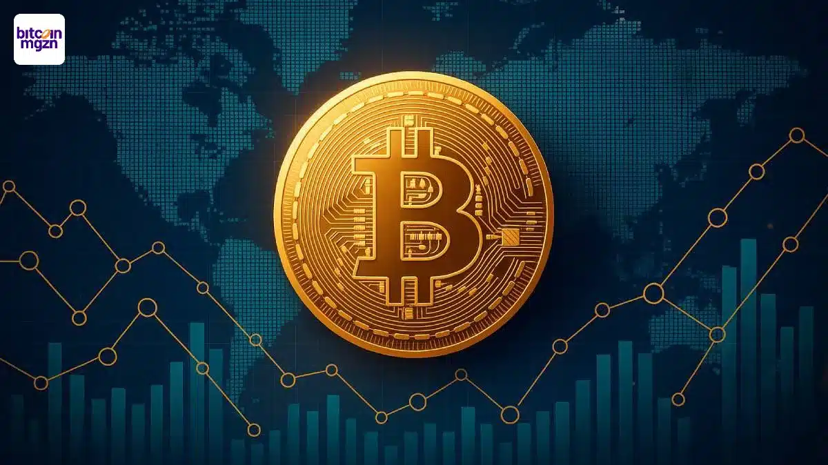 Bitcoin eigenaarschap visueel weergegeven met wereldkaart, netwerken en datalijnen
