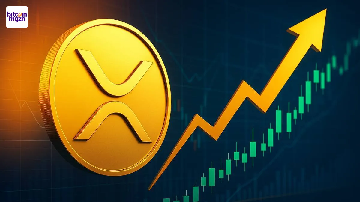 Gouden XRP-munt met stijgende koersgrafiek en opwaartse pijl bij groeiend volume