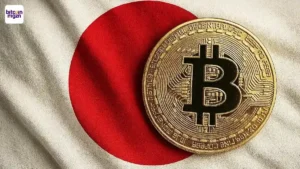 Grote Bitcoin-munt op Japanse vlag als symbool voor crypto belasting Japan