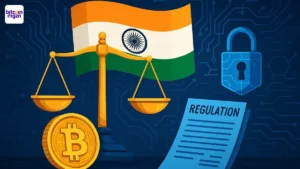 crypto regulering India met justitiewaage, vlag en digitale symbolen in balans met toezicht en innovatie