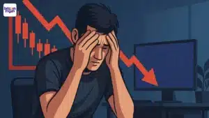 AshCrypto bull market stress met dalende koersgrafiek en gefrustreerde trader in kamer