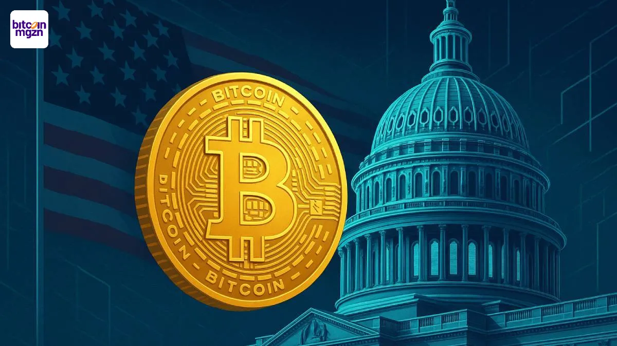 Strategic Bitcoin Reserve met gouden Bitcoin en VS Capitool op digitale achtergrond