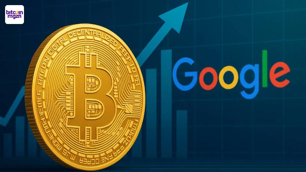 Bitcoin marktkapitalisatie groter dan Google, met koersgrafiek en financiële context in 16:9 beeldverhouding