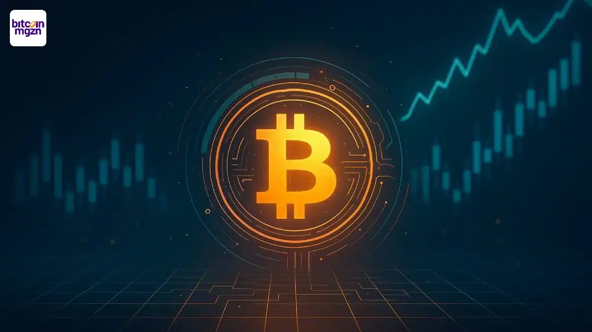 Goudkleurig Bitcoin-symbool met grafieken en stijgende trendlijnen in futuristische stijl, passend bij Bitcoin prijsvoorspelling 2025